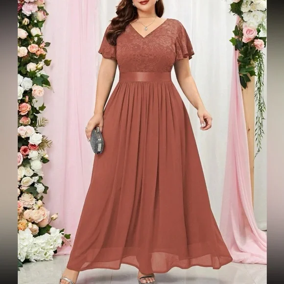 Luxe burnt orange butterfly sleeve lace party formal dress gown